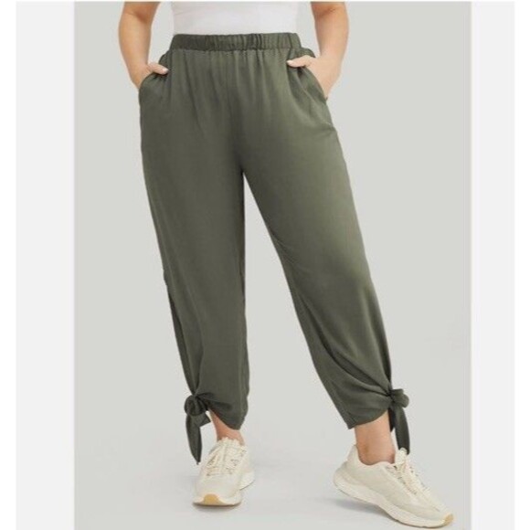 BLOOMCHIC Pants plus 2X 18 20 Green knotted split hem solid pockets pull on - Picture 1 of 16